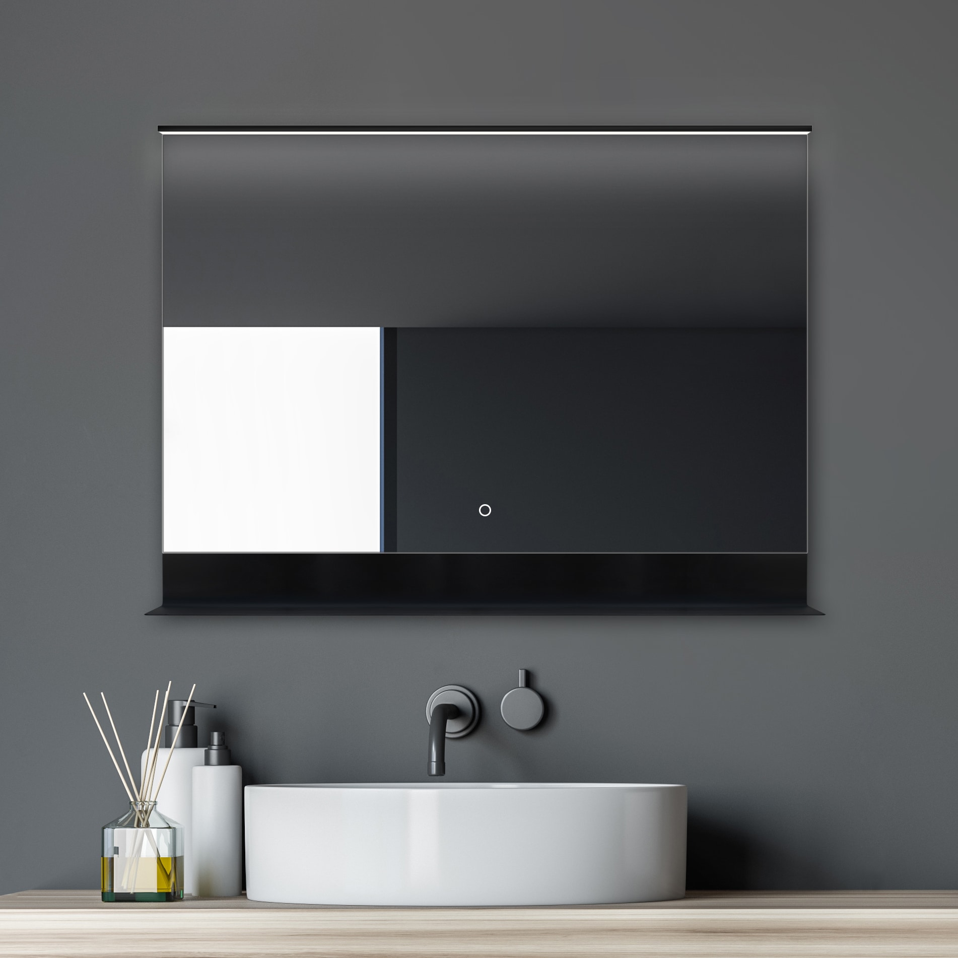 leren maat streep LED Badkamer Spiegel met Plank | TALOS BLACK HOME | Licht Spiegel Shop