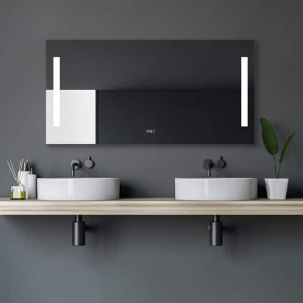 Close up of gray tile bathroom with double sink
